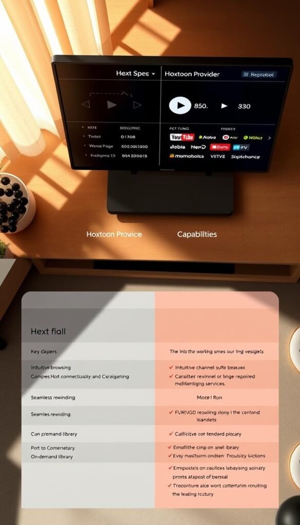 Detailed comparison of IPTV services with rewind feature, showcasing the Hoxtoon Provider alongside other leading options. A sleek, modern interface displays key specs and capabilities side-by-side, highlighting Hoxtoon's intuitive channel browsing, seamless rewinding, and comprehensive on-demand library. The scene is bathed in warm, natural lighting, conveying a sense of trust and reliability. Camera angle provides an overhead, slightly angled view, allowing the viewer to easily parse the comparative information. Product shots are crisp and high-resolution, complemented by subtle shadow and depth-of-field effects.