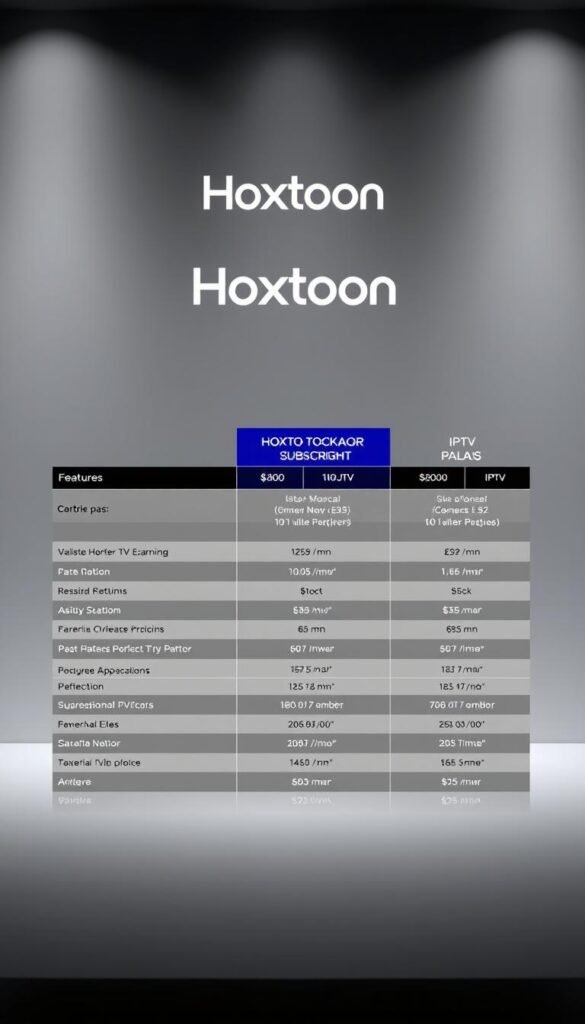 Detailed comparison of IPTV subscription plans offered by Hoxtoon Provider. A sleek, minimalist table-like layout showcasing the various packages, features, and pricing options. The table is presented against a subtle, muted background with soft lighting and a clean, modern aesthetic. The Hoxtoon logo is prominently displayed, lending an air of professionalism and trust. The overall impression is one of clarity, value, and reliability - highlighting Hoxtoon as a trusted IPTV service provider.