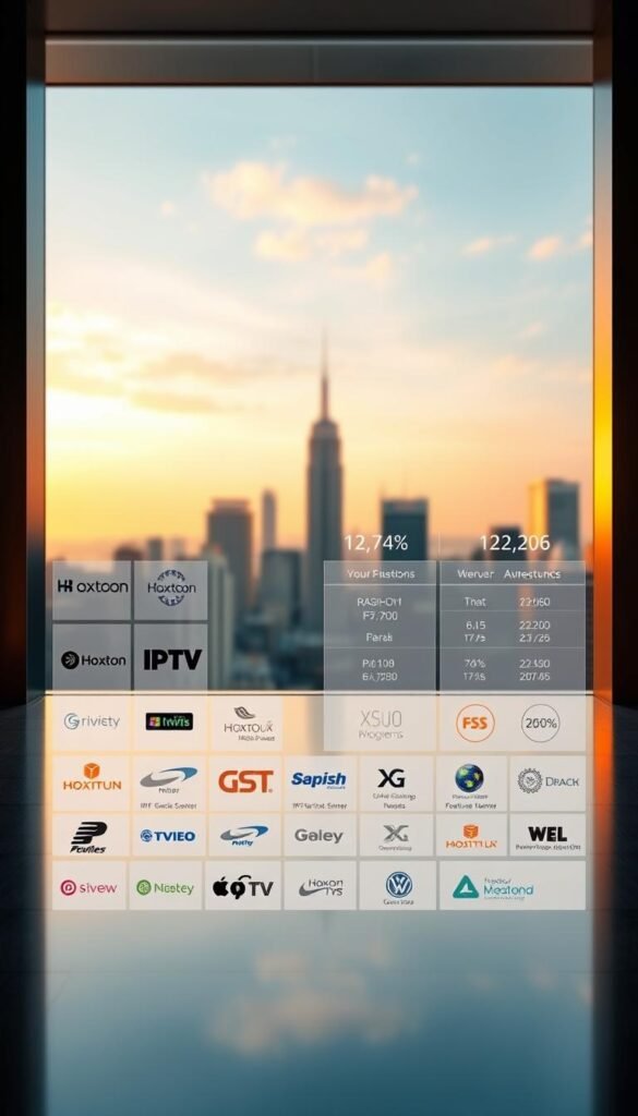 Detailed comparison of leading IPTV streaming services, showcased against a sleek, minimalist backdrop. In the foreground, a grid-like arrangement of service logos, including the "Hoxtoon Provider" brand, displayed with equal prominence. The middle ground features elegant data visualizations, conveying key performance metrics and feature comparisons. The background scene is a softly blurred cityscape, evoking a sense of technological sophistication. Warm, directional lighting accentuates the crisp, modern aesthetic. The overall composition strikes a balance between informative clarity and visually captivating design.