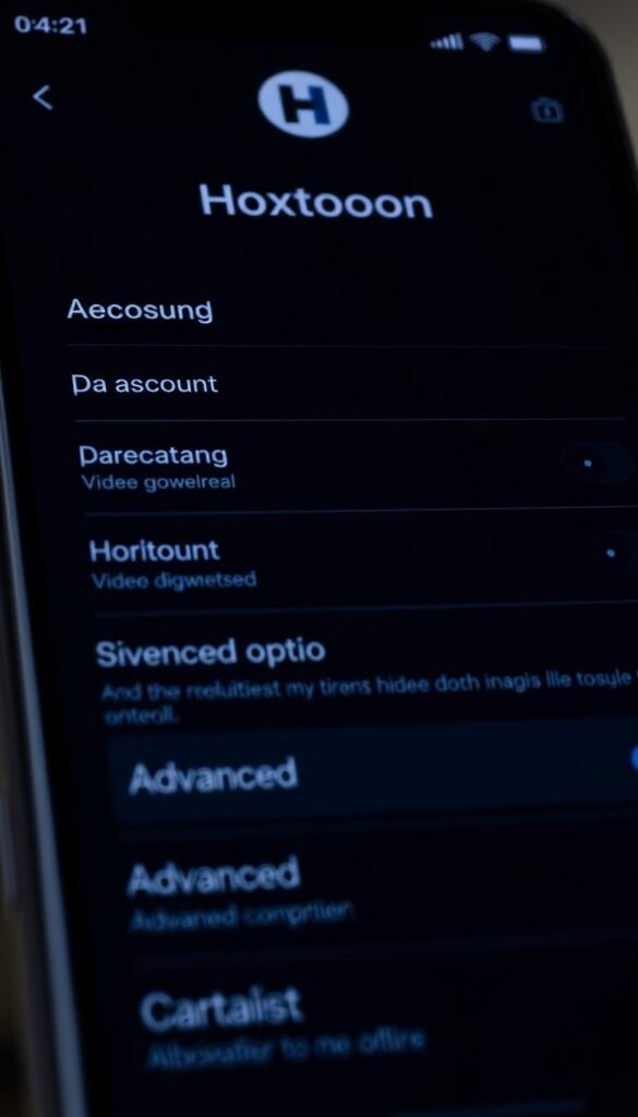 Detailed configuration interface of the Hoxtoon Provider app, showcasing various settings options. Sleek and intuitive dark-themed UI with minimalist design elements. Prominent Hoxtoon logo in the header. Hierarchical menu structure with clearly labeled sections for account, video quality, parental controls, and advanced options. Subtle lighting creating depth and highlighting key interface elements. High-resolution close-up view captured at a slight angle to convey a sense of depth and professionalism.