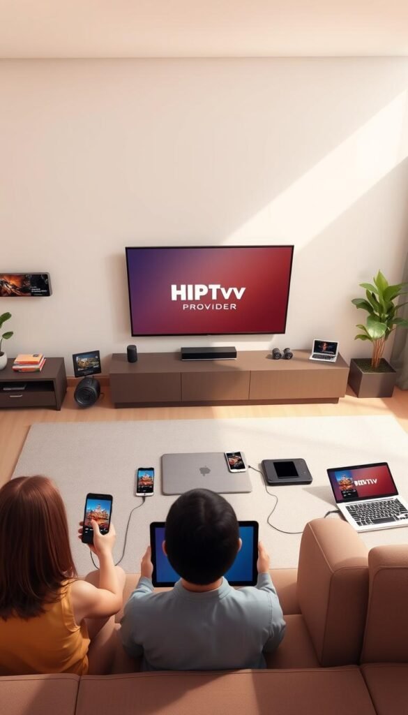 Detailed digital illustration of a multi-device IPTV setup, featuring the Hoxtoon Provider brand. A sleek, minimalist living room scene with a large flat-screen TV at the center, surrounded by various mobile devices such as smartphones, tablets, and laptops, all connected and streaming content seamlessly. The room is well-lit with warm, natural lighting, creating a cozy and inviting atmosphere. The devices are arranged in a visually appealing, symmetrical layout, emphasizing the ease of use and flexibility of the IPTV service. The overall composition conveys a sense of modern, technology-driven entertainment and connectivity.