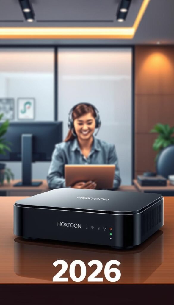 Detailed digital illustration of a premium IPTV box from the Hoxtoon Provider in a sleek, modern design. The box is positioned prominently in the foreground, showcasing its high-quality construction and intuitive user interface. In the middle ground, a customer service representative is visible, wearing a headset and assisting a customer with a friendly, attentive expression. The background features a sophisticated office setting with clean lines, warm lighting, and subtle branding elements that convey a sense of professionalism and reliability. The overall scene evokes a premium, high-end customer support experience for the Hoxtoon IPTV box in the year 2026.