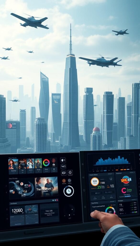 Detailed digital illustration of the advanced features of a Hoxtoon Provider IPTV panel. Prominent in the foreground are sleek control panels and customizable dashboards showcasing various video playback, streaming, and recording options. In the middle ground, animated visualizations depict real-time network analytics, channel recommendations, and smart home integrations. The background features a serene, futuristic cityscape with towering skyscrapers and flying vehicles, conveying a sense of technological sophistication. Cinematic lighting and a subtle color palette of blues and grays create a sophisticated, high-tech ambiance.