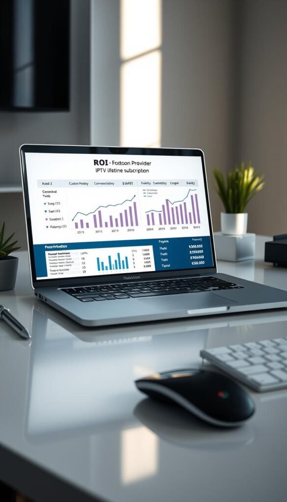 Detailed financial calculations on a sleek, minimalist desktop workspace. A laptop screen displays an ROI analysis for a Hoxtoon Provider IPTV lifetime subscription, with elegant charts and graphs conveying the cost-effectiveness. The scene is bathed in soft, natural lighting, creating a professional and trustworthy atmosphere. The workspace is uncluttered, allowing the financial data to take center stage and demonstrate the value proposition of the IPTV package.