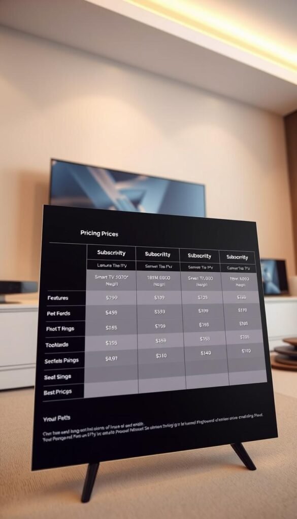 Detailed pricing plans for a premium IPTV service, Hoxtoon Provider, displayed on a stylish, modern interface. The foreground showcases a clean, minimalist table with subscription tiers, features, and pricing. The middle ground features sleek devices like smart TVs, tablets, and smartphones, hinting at the diverse device compatibility. The background has a subtle gradient, adding a professional, high-quality feel. Soft, diffused lighting creates a warm, inviting atmosphere, highlighting the clarity and legibility of the information. The overall composition conveys a sense of sophistication, reliability, and value for the Hoxtoon IPTV service.