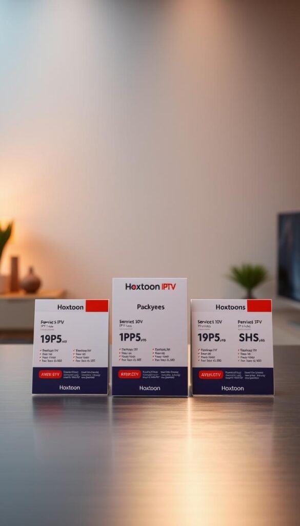 Detailed product display of Hoxtoon Provider's affordable IPTV subscription plans, showcased in a minimalist, modern, and inviting layout. The foreground features various IPTV packages with clear pricing and service details, arranged neatly on a sleek, brushed metal surface. The middle ground includes subtle branding elements, such as the Hoxtoon logo, creating a sense of professionalism and reliability. The background is a softly blurred, gradient-based scene, evoking a clean and sophisticated atmosphere. Warm, directional lighting from the top-left casts subtle shadows, adding depth and dimension to the overall composition. The image conveys a sense of accessibility, affordability, and high-quality IPTV services offered by Hoxtoon Provider.