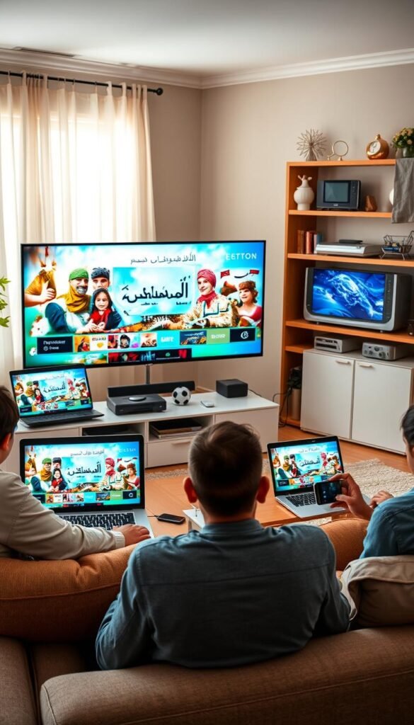 Detailed scene of a living room with multiple devices connected to a Hoxtoon Provider IPTV service. In the foreground, a family gathers around a large flatscreen TV, watching Arabic content. In the middle ground, a laptop, tablet, and smartphone are also streaming the same IPTV feed, showcasing the multi-device support. The background features shelves with other entertainment systems and home decor, creating a cozy, modern atmosphere. Bright, natural lighting from windows illuminates the room, and the overall mood is one of comfort and connectivity.