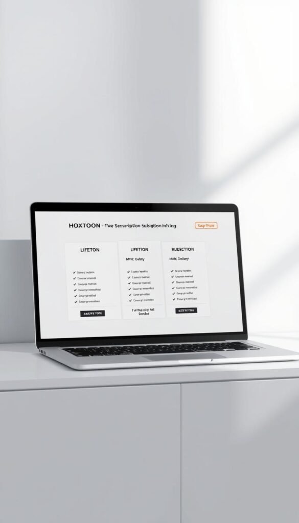 Elegant minimalist digital illustration of "HOXTOON Lifetime Subscription Pricing" showcased on a sleek modern laptop display. The screen features a clean, well-organized UI with bold typography and clear pricing tiers for the Hoxtoon Provider's lifetime IPTV subscription plans. Soft, directional lighting illuminates the scene, casting subtle shadows that add depth and three-dimensionality. The overall tone is sophisticated, professional, and on-brand for the Hoxtoon service.