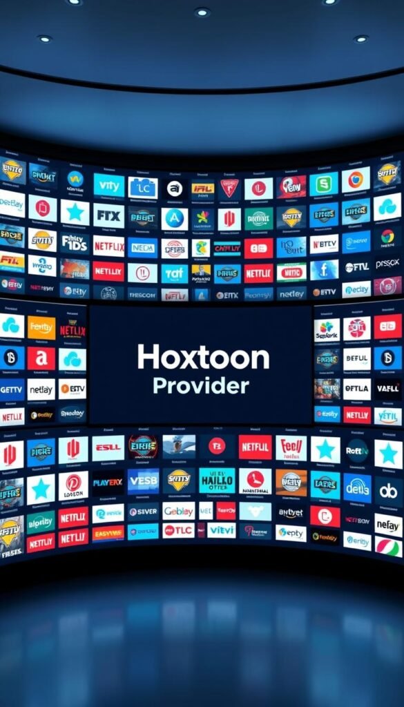 Expansive IPTV service showcasing a dense grid of channel logos and icons, displayed on a large LED video wall in a sleek, minimalist studio setting. Soft, directional lighting illuminates the channels, creating depth and dimension. The Hoxtoon Provider brand prominently featured in the center, with a sense of scale and grandeur to convey the vast content library at the viewer's fingertips. Cool, futuristic color palette with shades of blue and gray, exuding a sense of technological sophistication. The composition emphasizes the breadth and depth of the IPTV offering, hinting at the endless entertainment possibilities available to the viewer.
