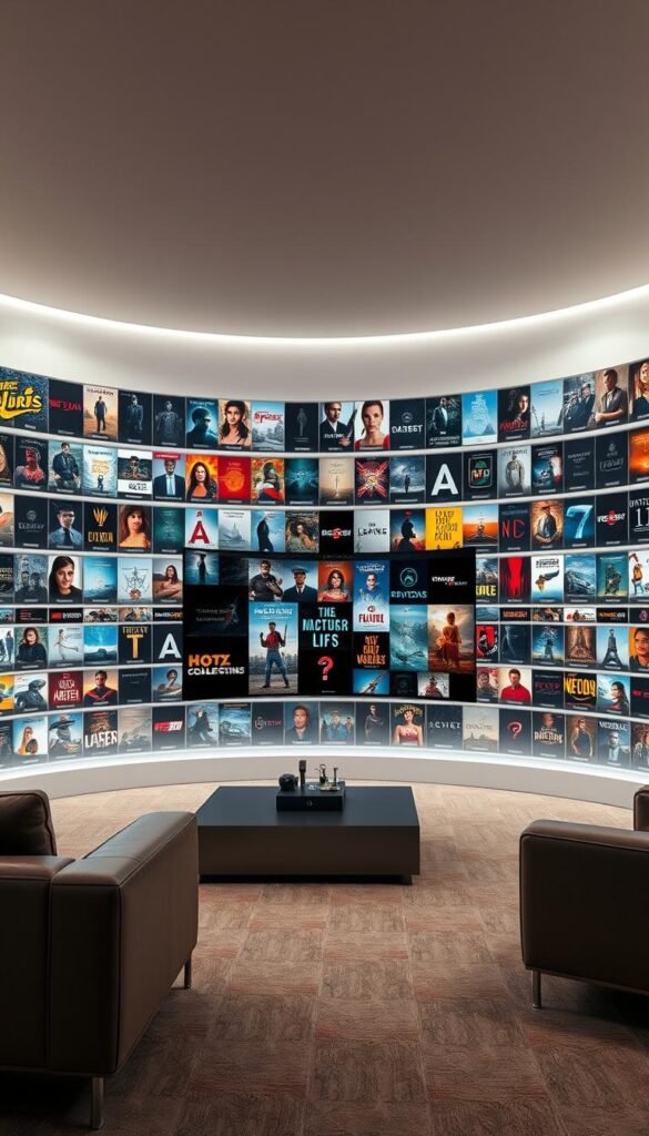 Expansive on-demand library, showcasing the diverse content of the Hoxtoon Provider IPTV service in Portugal. A vast, meticulously curated collection of over 150,000 movies, TV shows, and documentaries, spanning a wide range of genres and languages. Sleek, modern interface with intuitive navigation, allowing seamless exploration of this extensive video-on-demand treasure trove. Soft, diffused lighting illuminates the clean, minimalist design, creating an inviting atmosphere for discovering Portuguese entertainment at its finest. Cinematic camera angles highlight the depth and breadth of the Hoxtoon Provider VOD library, a true haven for discerning viewers.