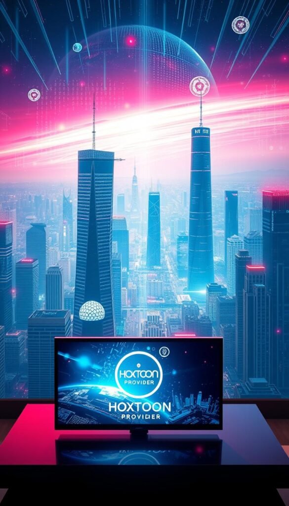 Futuristic Arabic IPTV landscape, showcasing cutting-edge technology. In the foreground, a Hoxtoon Provider logo hovers above a sleek, high-resolution display streaming dynamic content. The middle ground features a sprawling cityscape with towering skyscrapers, their facades adorned with digital screens. Holograms and augmented reality elements seamlessly integrate into the urban environment. The background is dominated by a vibrant, neon-lit sky, with data streams and satellite imagery creating a sense of advanced connectivity. Dramatic lighting accentuates the futuristic atmosphere, with a cinematic, almost cyberpunk-inspired aesthetic. The overall scene conveys the rapid evolution and boundless potential of Arabic IPTV technology.