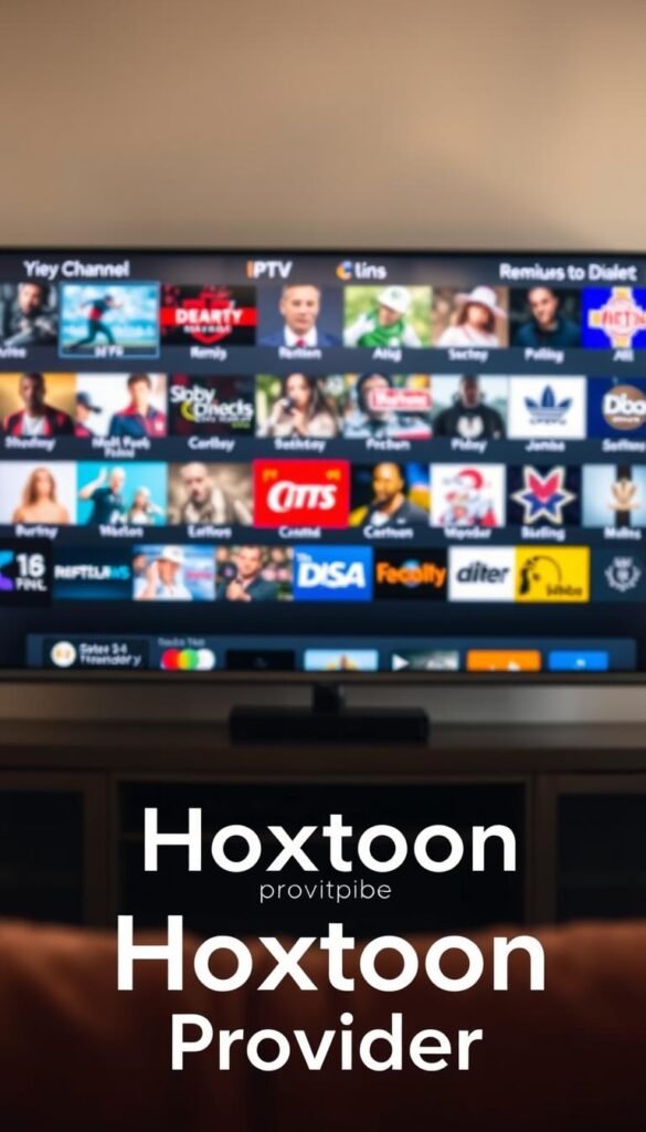 High-quality IPTV channels displayed on a state-of-the-art television set, showcasing a diverse array of entertainment options. The screen is illuminated by warm, natural lighting, creating a cozy and inviting atmosphere. In the foreground, the Hoxtoon Provider logo is prominently displayed, indicating the source of the premium streaming content. The middle ground features a clean, minimalist user interface, with intuitive navigation and a wide selection of channels. The background subtly blends in with the overall scene, adding depth and dimension to the image. The overall composition conveys the convenience, affordability, and reliability of a lifetime IPTV subscription from the Hoxtoon Provider.