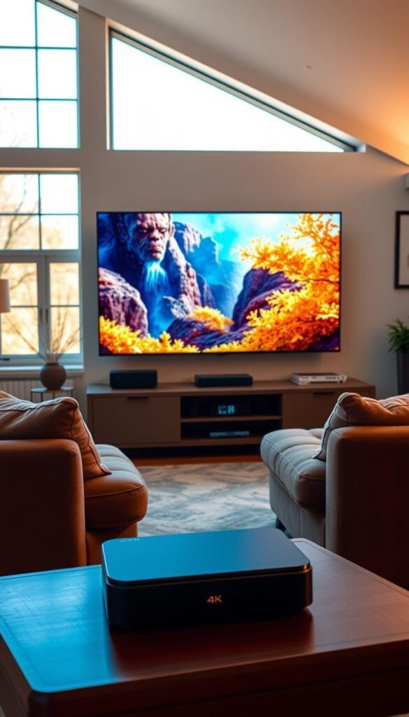 High-quality IPTV streaming with Hoxtoon Provider: a living room scene showcasing a large 4K television displaying vivid, crisp video content. The room is bathed in warm, natural lighting from large windows, creating a cozy, inviting atmosphere. In the foreground, a modern, minimalist entertainment center houses the IPTV set-top box, conveying a clean, premium aesthetic. The middle ground features plush, comfortable seating arranged to optimize the viewing experience. The background subtly hints at other household details, establishing a relatable, realistic domestic setting. The overall scene radiates a sense of entertainment, relaxation, and technological sophistication associated with Hoxtoon Provider's reliable IPTV streaming performance.