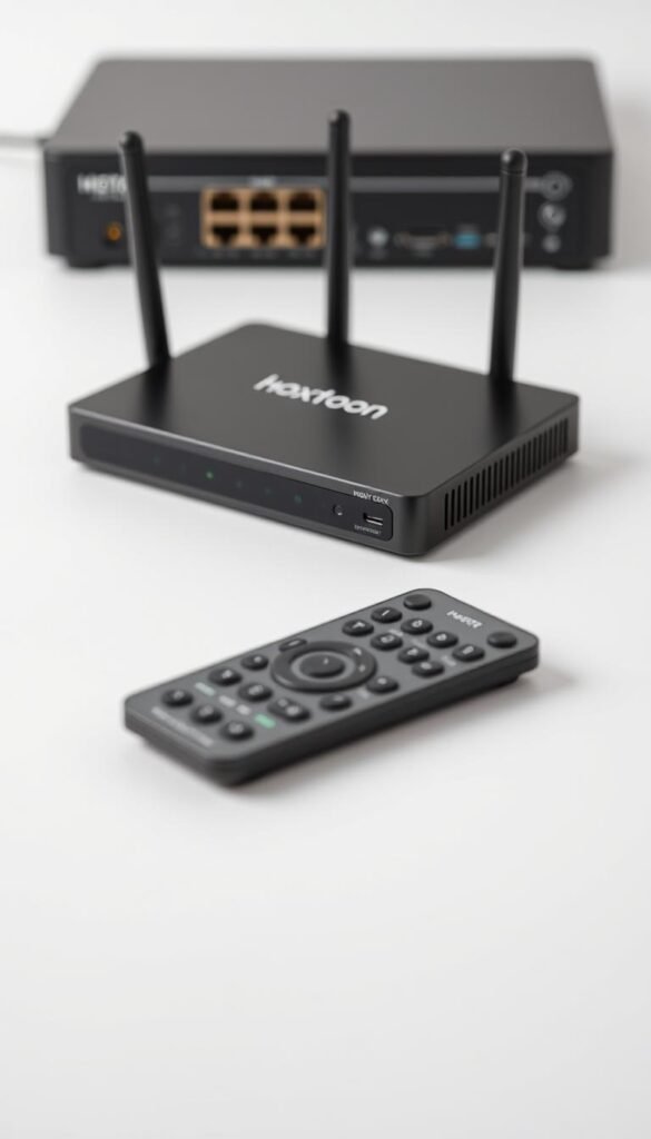 High-quality, close-up studio photography of Hoxtoon Provider IPTV equipment, including a sleek black set-top box with multiple ports, a compact wireless router, and accompanying remote control, all arranged on a clean white background with soft, even lighting and a sense of depth and dimension. The equipment should be showcased in a professional, minimalist style that highlights its technical features and design aesthetic.