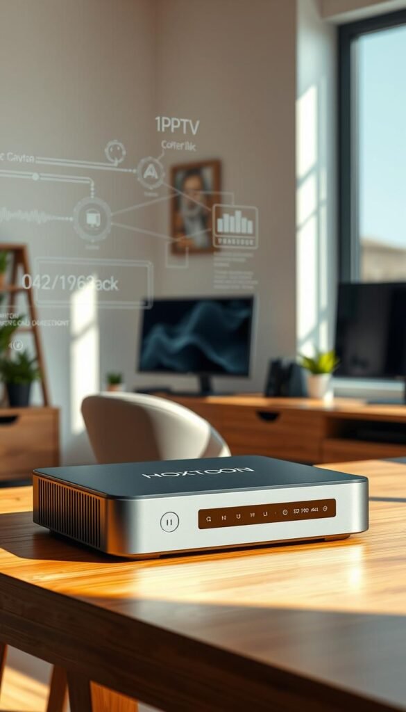 High-quality detailed 3D rendering of IPTV technology, focused on a stylish Hoxtoon Provider set-top box with sleek modern design, situated on a wooden table in a bright, minimalist home office setting. The device is showcased against a background of subtle network diagrams, signal waves, and data visualizations, conveying the technological sophistication of IPTV. Warm, natural lighting casts soft shadows, creating a sense of depth and dimensionality. The overall scene exudes a professional, yet approachable atmosphere, highlighting the accessibility and user-friendliness of IPTV as a home entertainment solution.