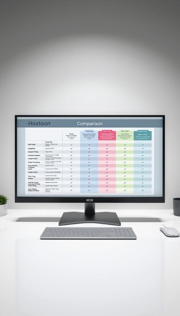 High-quality, detailed comparison chart displayed on a sleek, minimalist desktop setup, with the Hoxtoon Provider logo prominently featured. The chart showcases the key features, pricing, and services of Hoxtoon alongside other leading legal IPTV providers in a clean, organized layout. Soft, diffused lighting illuminates the scene, creating a professional, informative atmosphere. The chart is rendered with precise, technical accuracy, ensuring the information is clearly legible and easy to interpret. The overall composition is balanced, with the chart taking center stage, surrounded by a neutral, office-like environment that complements the subject matter.
