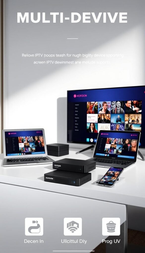High-quality, detailed image of various IPTV devices showcasing their multi-device support capabilities. A stylish, modern setup featuring a Hoxtoon Provider set-top box, a smart TV, a laptop, and a smartphone, all displaying IPTV content. The devices are arranged neatly on a sleek, minimalist desk with clean lines and a neutral color palette. Soft, directional lighting from the side creates depth and highlights the devices' features. The overall scene conveys a sense of technological sophistication and the convenience of accessing IPTV content across multiple platforms.