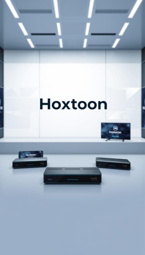 High-quality digital comparison of IPTV service providers, featuring the Hoxtoon Provider brand prominently in the foreground. A clean, minimalist layout with sleek devices arranged in the middle ground, presenting key features and pricing details. The background showcases a modern, high-tech environment with abstract digital elements, conveying the advanced, cutting-edge nature of these IPTV solutions. Crisp, well-lit rendering with a slightly muted color palette to maintain a professional, informative tone. The overall composition should feel sophisticated, data-driven, and visually compelling to illustrate the article's section on IPTV provider comparisons.