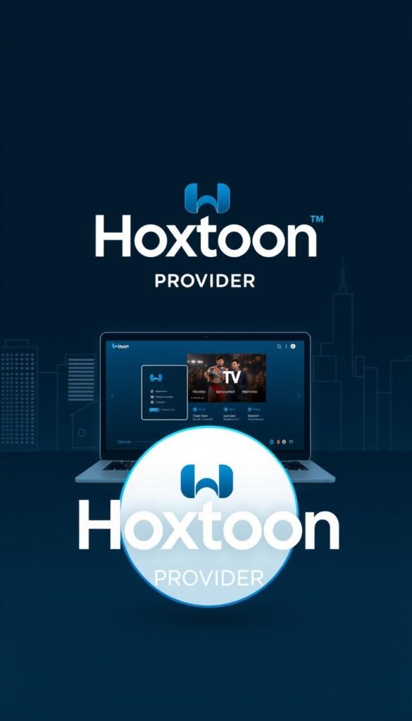 High-quality digital illustration of the "Hoxtoon Provider" brand logo, showcasing its IPTV service for PC. The logo is prominently displayed in the foreground, rendered in a sleek, modern style with a sophisticated color palette of deep blues and grays. The middle ground features a laptop computer displaying a crisp, high-definition streaming interface, with a minimalist user interface and clean typography. The background depicts a stylized cityscape, hinting at the global reach and versatility of the Hoxtoon IPTV service. The overall composition conveys a sense of reliability, technology, and the seamless integration of Hoxtoon's IPTV solution into the PC user's digital life.