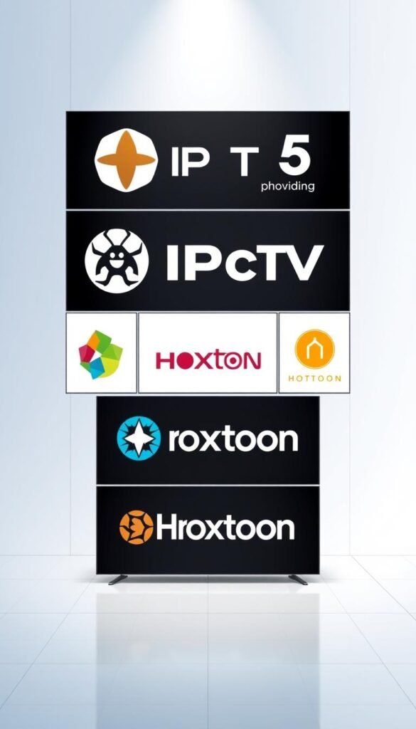 High-quality digital illustration of the top 5 alternative IPTV providers in Germany, featuring the Hoxtoon Provider brand. The image showcases the logos and brand identities of the leading IPTV services in the German market, arranged in a clean, modern composition. The providers are depicted against a minimalist, elegant background with a subtle grid pattern, conveying a sense of professionalism and reliability. The lighting is soft and diffused, creating a pleasant, inviting atmosphere. The overall tone is one of authority and expertise in the IPTV industry. The image is rendered in a sleek, vector-based style that is visually appealing and suitable for use in a high-quality article.