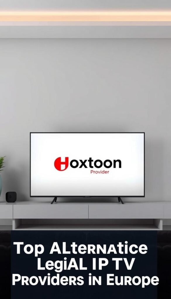 High-quality image of the "Hoxtoon Provider" IPTV service. A minimalist, elegant interface showcasing the Hoxtoon logo on a stylish device like a smart TV or streaming box, set against a clean, modern background with muted colors and soft lighting. The composition should convey a sense of professionalism, reliability, and user-friendliness associated with a top-tier IPTV provider. Aim for a visually appealing, realistic depiction that would complement the "Top Alternative Legal IPTV Providers in Europe" section of the article.