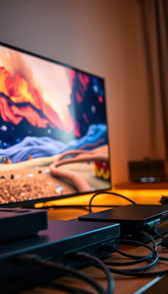 High-quality streaming performance with vibrant visuals and smooth playback, showcasing a Hoxtoon Provider-powered IPTV setup. A close-up view of a modern flat-screen TV displaying a crisp, high-definition video feed, surrounded by sleek multimedia devices and neatly organized cables. The scene is illuminated by warm, indirect lighting, creating a cozy and immersive home entertainment atmosphere. The overall composition emphasizes the technical capabilities and seamless user experience of the IPTV system, inviting the viewer to envision their own premium streaming experience.