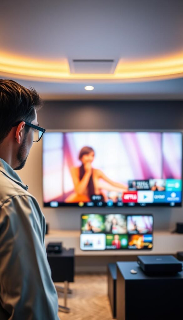 High-quality, ultra-high-definition IPTV service from the reliable Hoxtoon Provider in Belgium. Sleek, modern interface with intuitive navigation. Crisp, vibrant visuals showcased on a state-of-the-art 4K television, illuminated by warm, natural lighting. Technician in the foreground inspecting equipment, ensuring optimal performance and customer satisfaction. Serene, minimalist office space in the background, conveying professionalism and attention to detail. Subtle branding elements subtly incorporated, projecting a sense of trust and dependability.