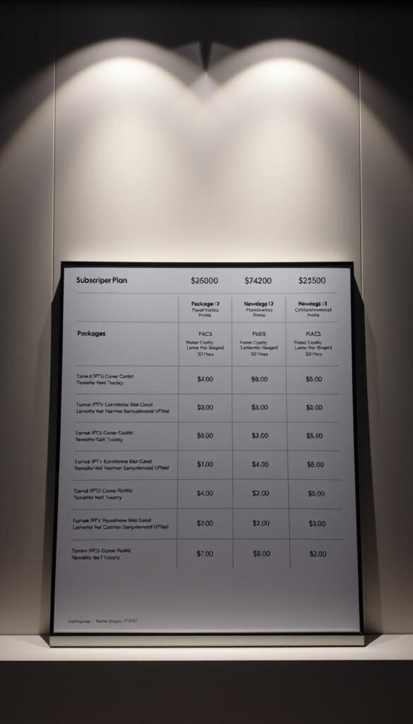 Hoxtoon Provider's IPTV Subscription Plans - a sleek, minimalist display of packages and pricing, set against a sophisticated backdrop. A clean grid layout showcases the various tiers, each with distinct features and costs, presented in a visually appealing manner. The lighting is soft and diffused, creating a sense of professionalism and reliability. The camera angle is slightly elevated, giving the viewer a comprehensive overview of the subscription options. The overall mood is one of clarity, transparency, and attention to detail, reflecting Hoxtoon's commitment to providing a top-tier IPTV service.