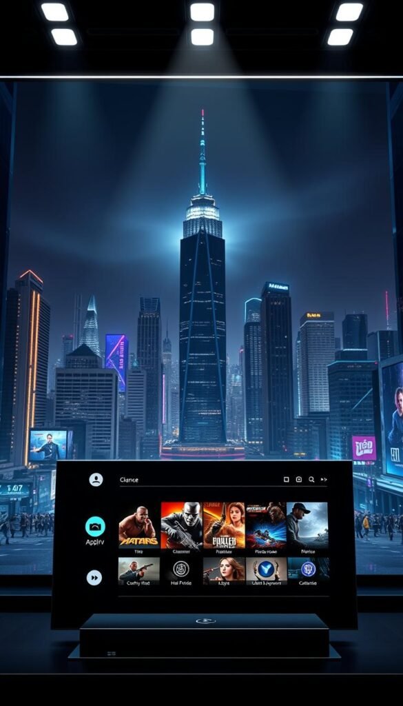 Hoxtoon Provider's best IPTV service, set against a sleek, futuristic backdrop. In the foreground, a sophisticated interface showcases the service's anti-freeze technology, with elegant icons and a clean, minimalist design. The middle ground features a collection of high-definition video thumbnails, highlighting the service's diverse content library. In the background, a cityscape of towering skyscrapers and glowing neon lights creates an urban, technology-driven atmosphere. Dramatic lighting from above casts dramatic shadows, adding depth and dimension to the scene. The overall mood is one of innovation, reliability, and cutting-edge entertainment.