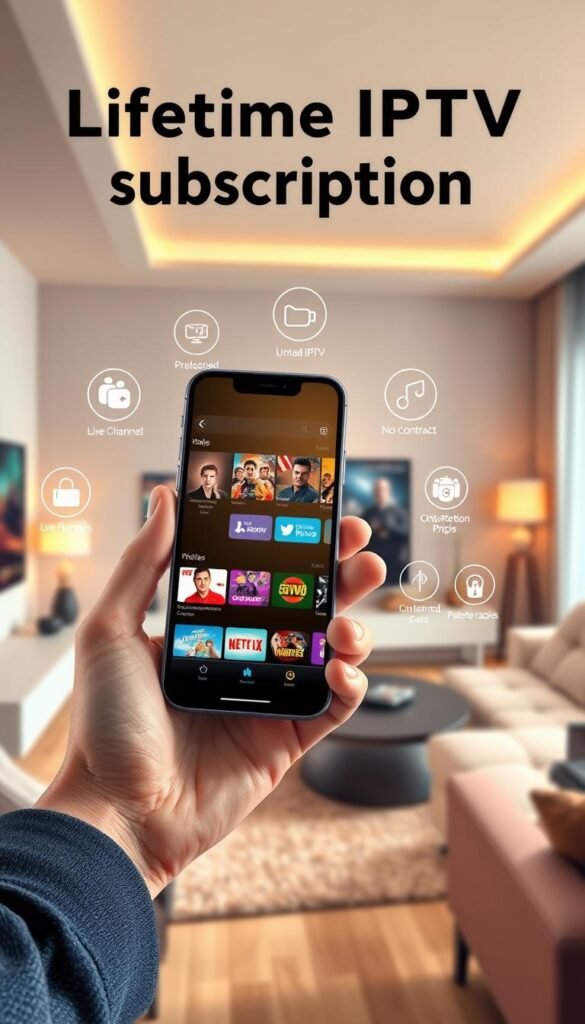 Lifetime IPTV subscription benefits - a vibrant, realistic digital illustration showcasing the advantages of a Hoxtoon Provider IPTV service. In the foreground, a hand holding a smartphone displaying a sleek IPTV interface with a range of live channels and on-demand content. In the middle ground, icons representing key features like unlimited streaming, no contract, and cost-effective pricing. The background depicts a modern, minimalist living room setting, conveying the convenience and entertainment value of a lifetime IPTV subscription. The image is lit by warm, natural lighting, creating a cozy, inviting atmosphere. Captured with a wide-angle lens to emphasize the comprehensive IPTV ecosystem.