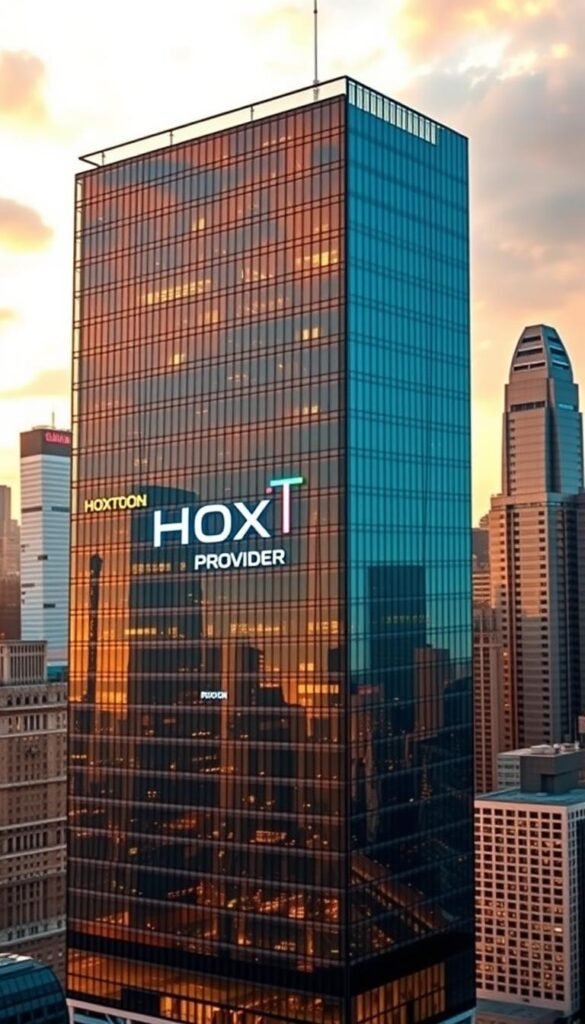 Majestic skyscraper against a vibrant urban skyline, showcasing the Hoxtoon Provider logo in bold, neon-lit letters. Modern glass facade reflects the bustling city below, exuding a sense of technological prowess and industry leadership. Sleek, minimalist branding complements the architectural elegance, conveying Hoxtoon's status as America's premier IPTV service. Wide-angle lens captures the grand scale and presence of the headquarters, while warm, golden lighting creates an inviting, aspirational atmosphere. The scene radiates a feeling of innovation, reliability, and market dominance.
