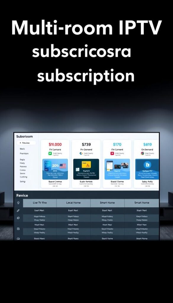 Multiroom IPTV subscription plans by Hoxtoon Provider. In the foreground, a sleek, modern dashboard displays various service tiers, from basic to premium packages, with clear pricing and feature breakdowns. The middle ground showcases on-screen icons representing live TV channels, on-demand content, and smart home integrations. The background depicts a minimalist, high-tech environment with subtle lighting effects, creating a sense of sophistication and technological innovation. The overall composition conveys a comprehensive, user-friendly IPTV offering with a range of customizable options to meet the diverse needs of modern households.