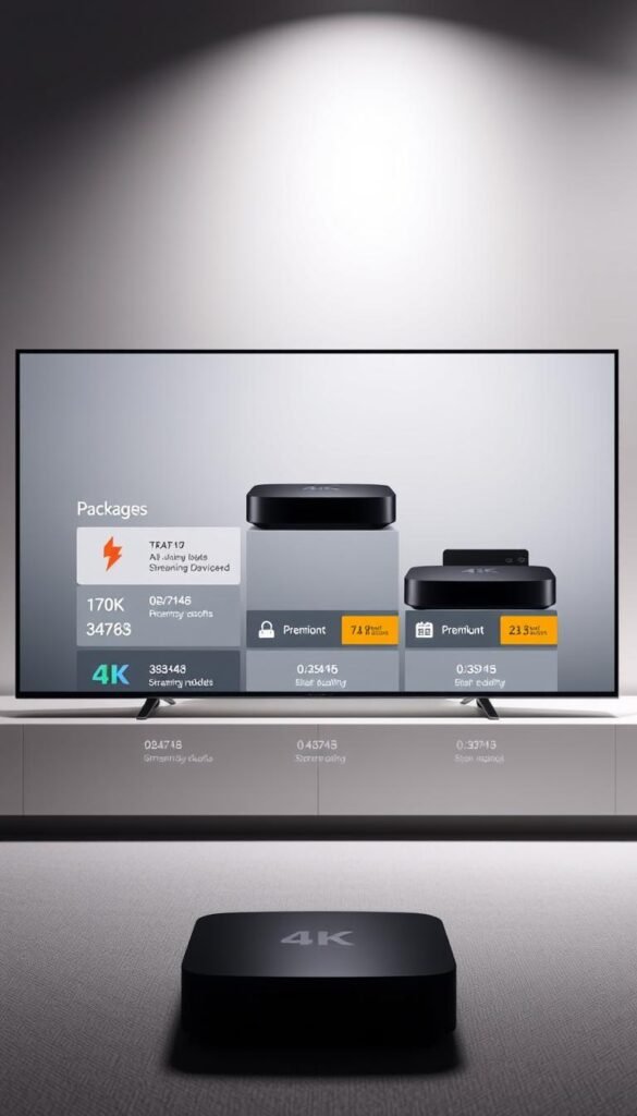 Prompt A sleek and minimalist interface showcasing the Hoxtoon Provider IPTV4K subscription models. In the foreground, a stylized grid layout presents various package options, each highlighted with clean typography and vibrant icons. The middle ground features elegant product shots of high-quality 4K streaming devices, emphasizing their premium design. The background is a soft, gradient-based color scheme, creating a sophisticated and modern atmosphere. Subtle lighting accentuates the textures and surfaces, lending a premium feel to the overall composition. The scene conveys a sense of professionalism, reliability, and the cutting-edge technology of the Hoxtoon Provider IPTV4K services.