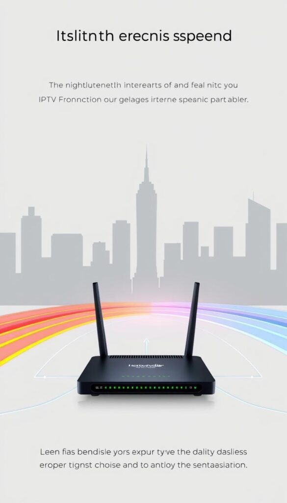 Prompt A sleek, minimalist illustration depicting the internet speed requirements for optimal IPTV performance. In the foreground, a high-bandwidth internet connection is symbolized by bold, vibrant lines and waves of data. In the middle ground, a modern router emblazoned with the "Hoxtoon Provider" logo stands as the gateway to this fast, reliable network. The background features a subdued cityscape, hinting at the global connectivity enabled by this IPTV setup. The scene is illuminated by a soft, diffused lighting that creates a sense of sophistication and technological prowess. The overall mood is one of efficiency, reliability, and the seamless integration of IPTV into the expat's daily life.