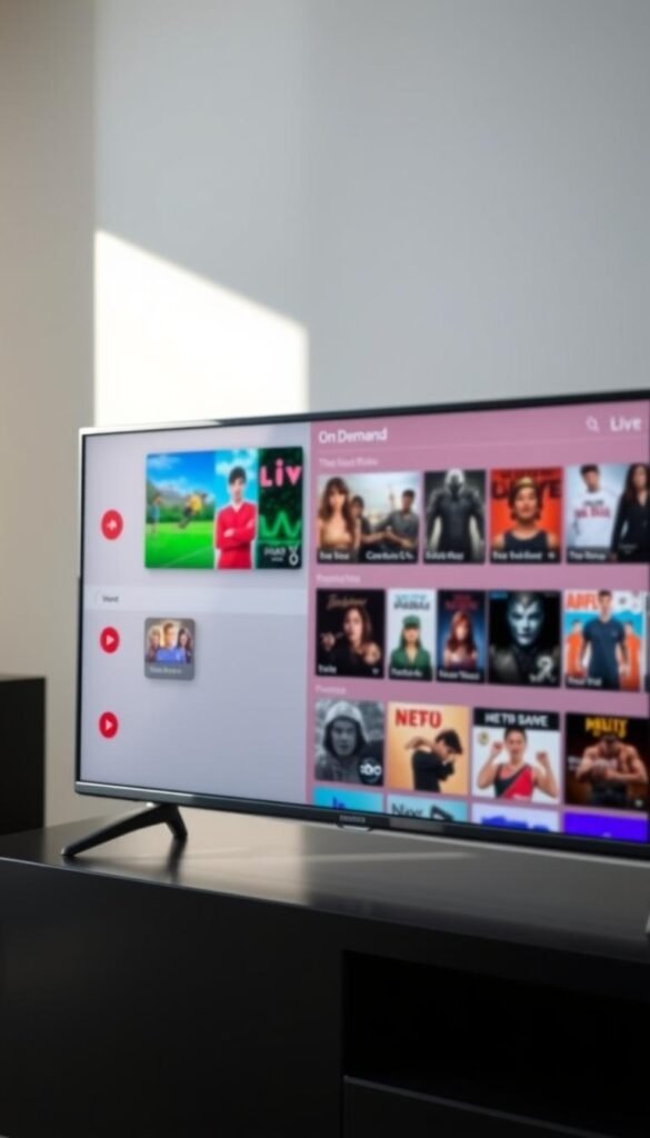 Prompt A sleek, modern Android TV interface showcasing the Hoxtoon Provider IPTV app. The screen displays a clean, intuitive layout with various content categories and a prominent search bar. The foreground features a vibrant, high-resolution thumbnail of a popular live TV channel, drawing the viewer's attention. The middle ground presents a selection of on-demand titles, while the background subtly blurs to focus the eye on the app's key features. Crisp, realistic lighting creates depth and highlights the app's polished, user-friendly design. The overall scene conveys a sense of seamless entertainment and effortless access to a vast library of streaming content.