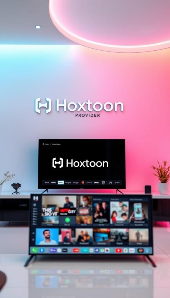 Prompt A sleek, modern interface showcasing the Hoxtoon Provider logo, prominently displayed against a vibrant, minimalist background. The scene exudes a sense of premium quality and reliability, with subtle gradients and elegant typography complementing the brand identity. In the foreground, a collection of on-screen visuals and icons illustrate the wide range of IPTV services offered, including live TV channels, on-demand content, and user-friendly features. The overall composition conveys a sense of sophistication and technological prowess, inviting the viewer to explore the Hoxtoon Provider's exceptional IPTV experience.