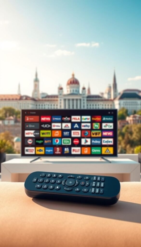 Prompt A vibrant, realistic digital illustration showcasing the IPTV channels available in Poland. In the foreground, a sleek, modern television displays a grid of diverse channel logos, including news, entertainment, and sports options. The middle ground features a Hoxtoon Provider branded remote control, highlighting the provider's role in delivering this IPTV service. In the background, a cityscape of Warsaw's iconic landmarks, such as the Palace of Culture and Science, creates a sense of place and national pride. The scene is bathed in warm, natural lighting, conveying a sense of comfort and accessibility for the IPTV Poland experience.