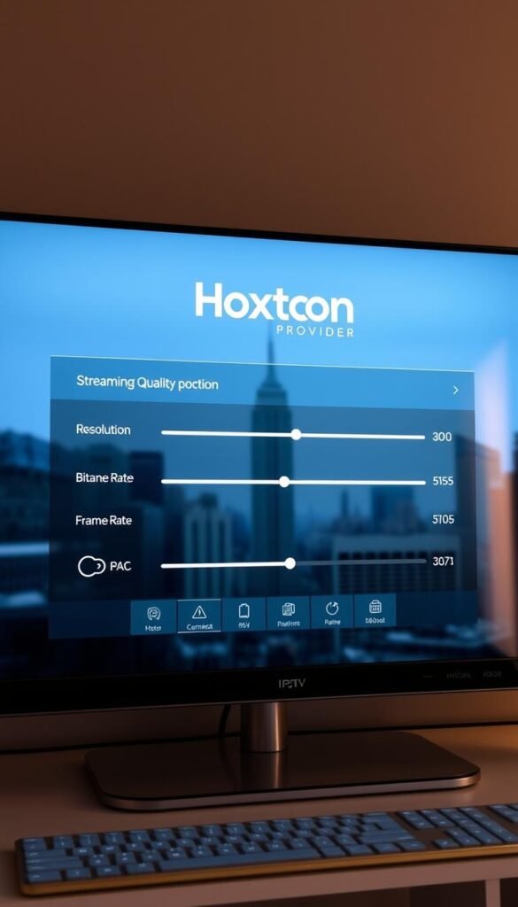 Sleek and modern digital interface showcasing streaming quality options for PC users, featuring a prominent Hoxtoon Provider logo. In the foreground, crisp icons and sliders representing resolution, bitrate, and frame rate. Subtle ambient lighting from the sides, casting a soft glow over the elegant display. In the middle ground, a clean layout with clear visual hierarchies, guiding the viewer through the various settings. The background features a subtle, blurred cityscape, hinting at the broader context of online media consumption. The overall scene conveys a sense of control, customization, and high-quality viewing experience for the PC-based IPTV user.