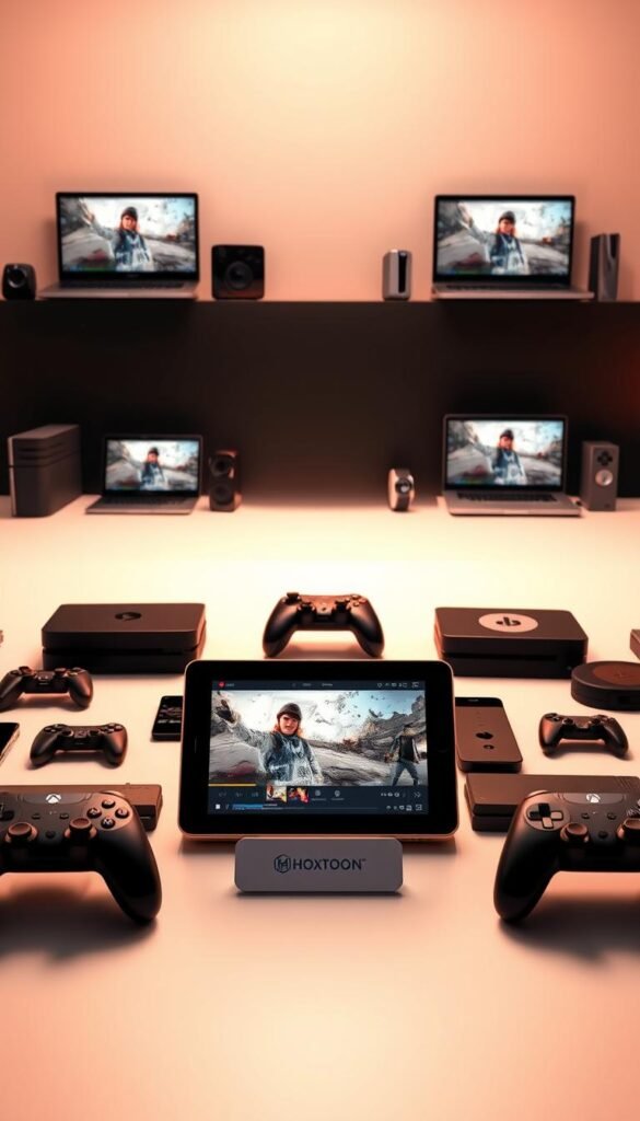 Sleek and modern technology devices arranged in a dynamic, visually appealing layout. In the foreground, a Hoxtoon Provider branded tablet or smartphone showcased prominently, its screen displaying high-quality video content. Surrounding it, an array of other devices such as laptops, smartwatches, and gaming consoles, all seamlessly connected and compatible. The middle ground features a minimalist, high-contrast backdrop, drawing focus to the devices. Subtle, warm lighting creates a sense of sophistication and ease of use. The overall composition conveys the versatility and cross-platform compatibility of the Hoxtoon Provider service, allowing users to enjoy content on their device of choice.