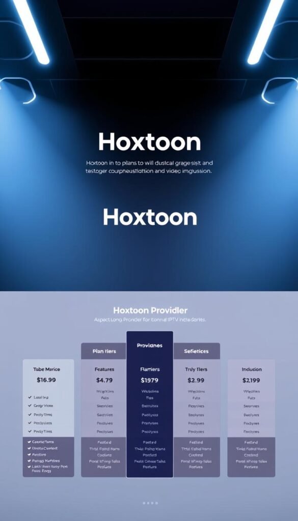 Stylish and modern-looking website layout showcasing Hoxtoon Provider's IPTV subscription plans. In the foreground, a clean grid-based design featuring different plan tiers with detailed pricing, features, and package inclusions. Middle ground has a hero section with the Hoxtoon logo and product tagline, set against a minimalist background with subtle gradients. Backround depicts a dimly lit, high-tech environment with futuristic hexagon patterns, creating a premium, high-quality feel. Lighting is soft and directional, emphasizing depth and dimension. Camera angle is slightly elevated to give an overview of the entire layout. The overall mood is professional, sleek, and aspirational, reflecting Hoxtoon Provider's position as a leading IPTV service.