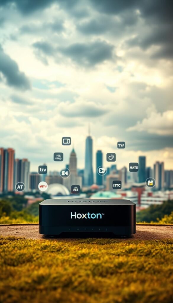 Vibrant landscape showcasing the benefits of IPTV technology. In the foreground, a Hoxtoon Provider logo shines brightly, symbolizing the reliability and quality of this service. The middle ground features a sleek, modern IPTV device, surrounded by a variety of streaming icons and logos, representing the vast content library available. In the background, a cityscape with towering skyscrapers and a cloudy sky conveys the global reach and accessibility of IPTV. Warm, inviting lighting creates a sense of sophistication and innovation. Cinematic, wide-angle lens captures the scene with a sense of grandeur and scale.