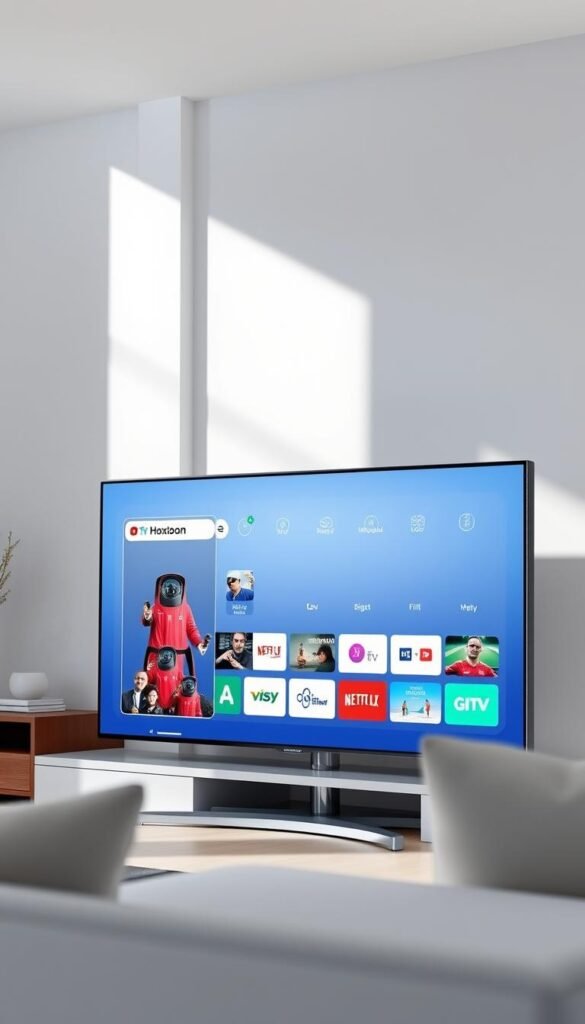 a detailed and realistic 3d render of a samsung smart tv display showing the hoxtoon iptv app interface, with a clean and modern design, high-quality textures and materials, natural lighting from a window in the background, and a sense of depth and perspective to showcase the tv screen and app features prominently. the tv should be positioned in a minimalist living room setting with some subtle decor elements in the background to provide context. the overall tone should be sleek, premium and visually appealing to showcase the compatibility of the hoxtoon iptv provider app on samsung tv models.