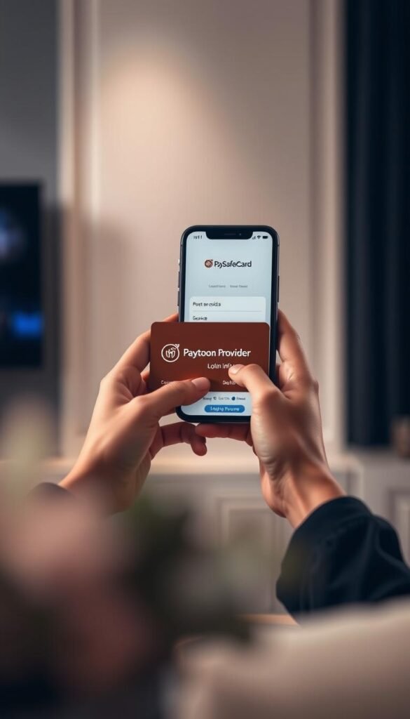 a professional, high-quality photograph of a person's hands holding a PaySafeCard and a mobile device displaying the Hoxtoon Provider IPTV service login screen, set against a minimalist, elegant background with soft lighting and a blurred, out-of-focus foreground. The image conveys a sense of privacy, security, and ease of use when purchasing IPTV services with a PaySafeCard.